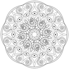 Colouring page, hand drawn, vector. Mandala 60, ethnic, swirl pattern, object isolated on white background.
