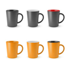 Illustration of Six Realistic Empty Ceramic Coffee Cup on a White Backdrop. Isolated Mockup with Shadow Effect, and Copy Space for Your Design