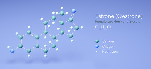 estrone, oestrone, Female sex Hormone Steroid. Molecular structure 3d rendering, Structural Chemical Formula and Atoms with Color Coding, 3d rendering - obrazy, fototapety, plakaty