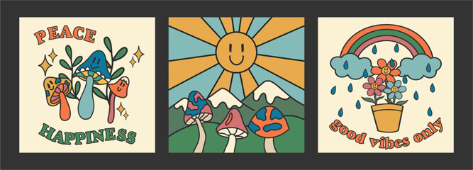 Hippie poster set. Funny sun, mountains and psychedelic mushrooms, landscape, rainbow with daisies. Fashion poster in retro style. Flat design, cartoon drawing, vector.
