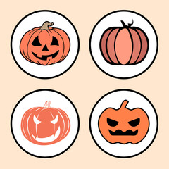 Halloween vector stickers set made up of various orange pumpkins as print or pattern for design your websites, applications, clothes or accessories. Some scary pumpkins for autumn holiday in october.