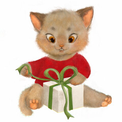 cat and gift, Christmas illustration