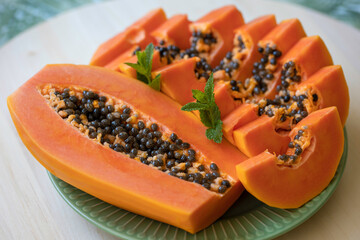 Papaya slices closeup with small mint leaves and black seeds, tasty fruit sliced on green plate