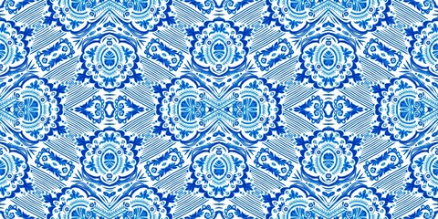  Blue white watercolor azulejo tile border background. Seamless coastal geometrical floral mosaic effect banner. Ornamental arabesque summer fashion repeat edge trim.