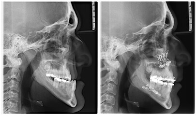 x-ray image from a man before and after an orthognathic surgery and pieces to metal used to hold the bones from jaw together
