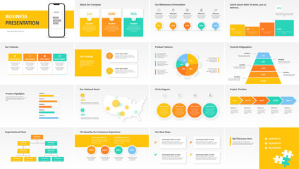 Business Presentation Template with Infographics: 16 slide layouts for check lists, columns, processes, timelines, highlights, org charts, maps, pyramids, bullets, and more - obrazy, fototapety, plakaty