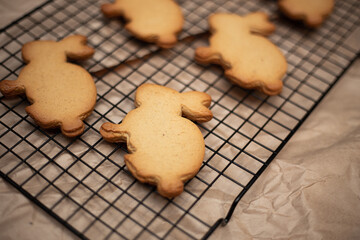 Easter bunnies gingerbread freshly baked on the table