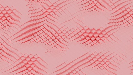 Abstract background with waves made of a lot of pink cubes geometry primitive forms that goes up and down under black-white lighting. 3D illustration. 3D CG. High resolution.