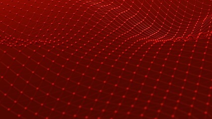 Metallic Red Mathematical Geometric Abstract Wave Dots-Line Grid under Black-Red Spot Lighting Background. Conceptual image of technological innovations, strategies and revolutions. 3D CG.