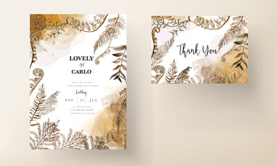 wedding invitation card template with watercolor brown leaves