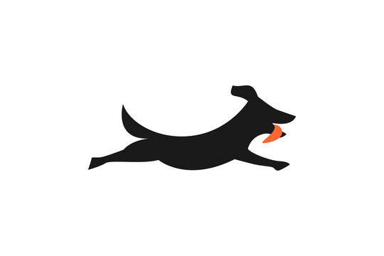 Little dog jumps by sticking out his tongue logo icon illustration silhouette paw animal care