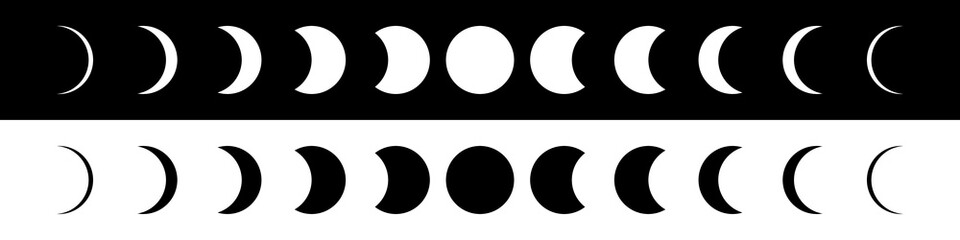 Cycle moon phases flat icon set. Black and white moon phases illustration isolated on background. Vectoe EPS 10