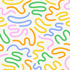 Colorful line doodle seamless pattern. Creative minimalist style art background, trendy design with basic shapes. Modern abstract color backdrop.