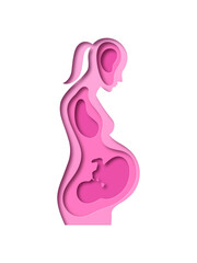 Obraz na płótnie Canvas Realistic paper cut pregnant woman with baby fetus growing inside. New mother expecting child. Pink 3D papercut female silhouette illustration for motherhood or medical pregnancy concept.