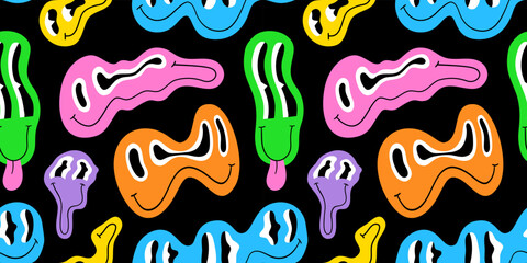 Funny melting smiling happy face colorful cartoon seamless pattern. Retro psychedelic drug effect smile icon background texture. Trendy character doodle wallpaper.