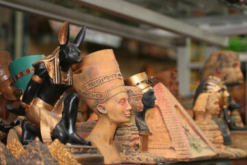 Sharm El Sheikh, Egypt - February 8, 2008: souvenir statuettes on the theme of ancient Egypt, sold in the souvenir shop.