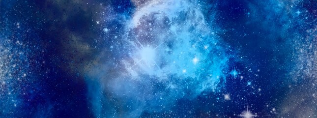 Fototapeta premium Space background with realistic nebula and shining stars. Abstract scientific background with nebulae and stars in space. Nebula night starry sky in rainbow colors. Multicolor outer space.