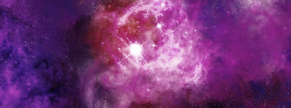 Space background with realistic nebula and shining stars. Abstract scientific background with nebulae and stars in space. Nebula night starry sky in rainbow colors. Multicolor outer space.