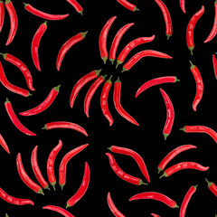 Seamless pattern on the isolated black background. Many spicy Mexican peppers on the black background