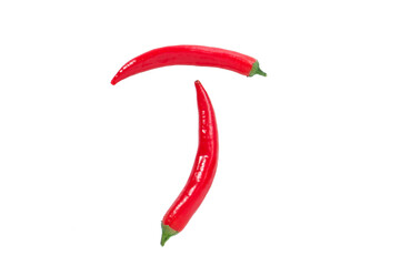 Letter T composed of red chilli peppers. Two red peppers on the white background.