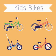 Kids bikes set. Flat set of bicycles. Cycle for children. Child's vehicle simple collection. Vector
