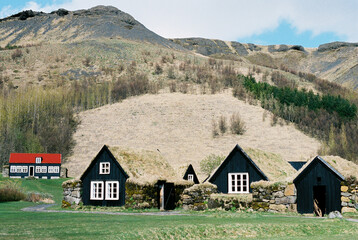 Fototapeta na wymiar Black wooden houses with moss-covered roofs in a mountain valley. Iceland