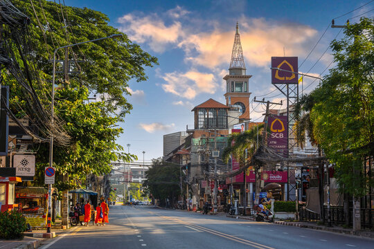 CHIANG MAI, THAILAND - July 27, 2022: Nimmanhemin Road in the morning, the new downtown and landmark of Chiang Mai city.
