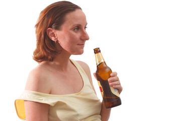 Female alcoholism. Woman drinking beer on the white background