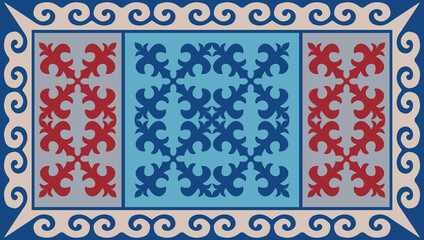 Kazakh nomadic tribes on background ethnic patterns. Traditions of nomads steppes, Asian Mongolian Caucasus