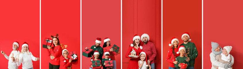 Collage of happy families on Christmas eve against red background