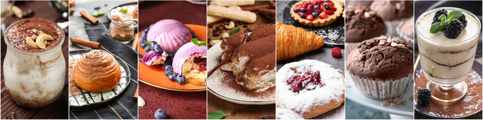 Group of tasty desserts on dark background