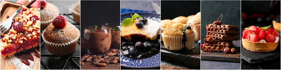 Collage of delicious desserts on dark background