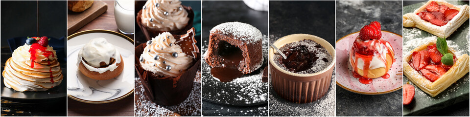 Collection of traditional desserts on dark background