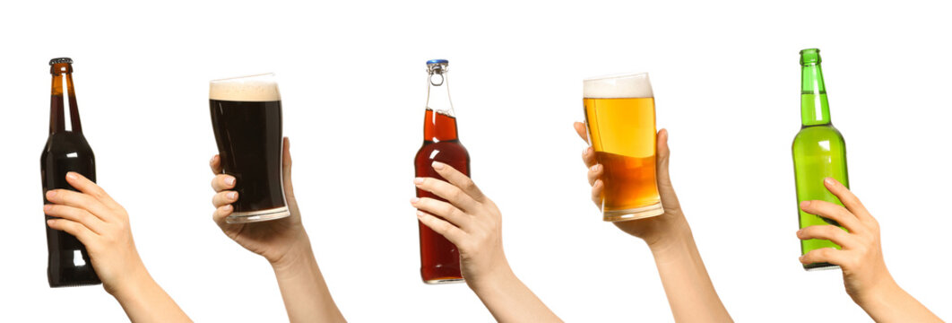 Set of hands with beer isolated on white
