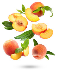 Flying ripe peaches on white background