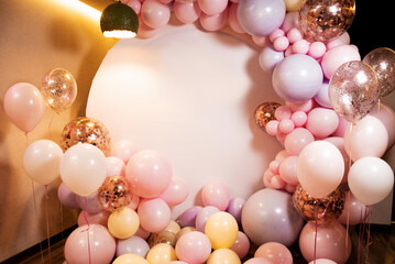 photo zone of pink balloons with a place for an inscription