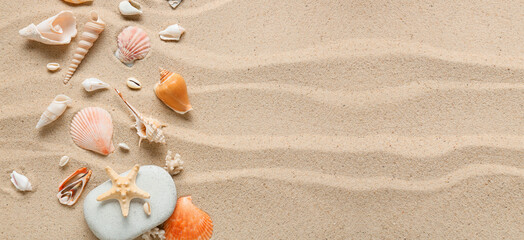 Different sea shells on beach sand. Banner for design