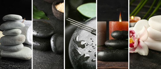 Collage with spa stones, candles and acupuncture needles