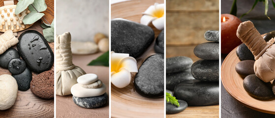 Collage with spa supplies and massage stones