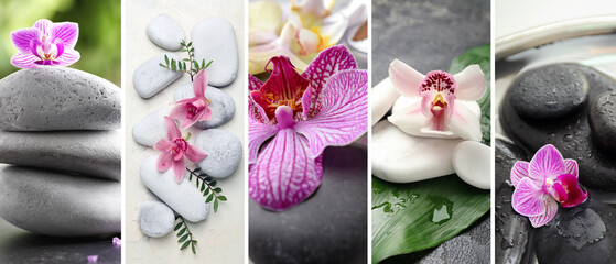 Collage with spa stones and beautiful flowers