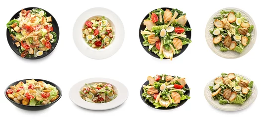 Fototapeten Set of tasty Caesar salad isolated on white © Pixel-Shot