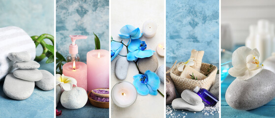Collage with spa stones, flowers, candles and cosmetics