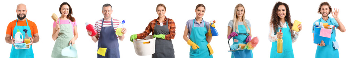 Set of people with cleaning supplies isolated on white