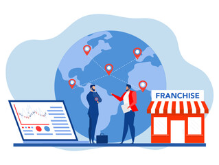 businessman offering Franchise, trading network shop to the world map business concept Vector flat illustration