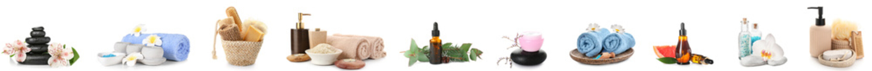 Set of different spa supplies isolated on white