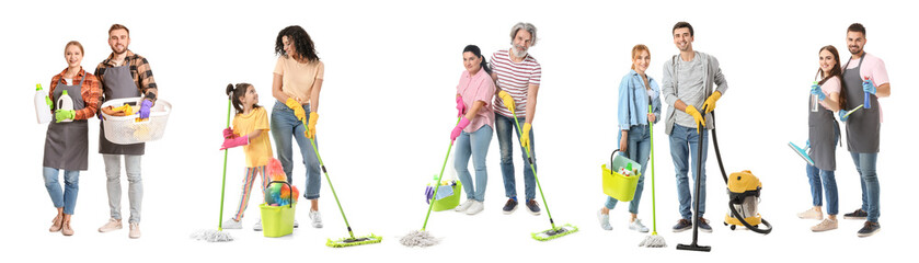 Set of people with cleaning supplies on white background