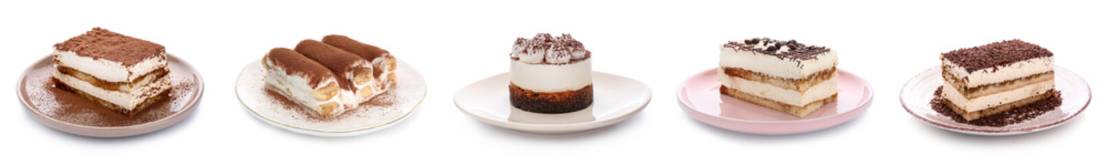 Collage of tasty tiramisu dessert on white background