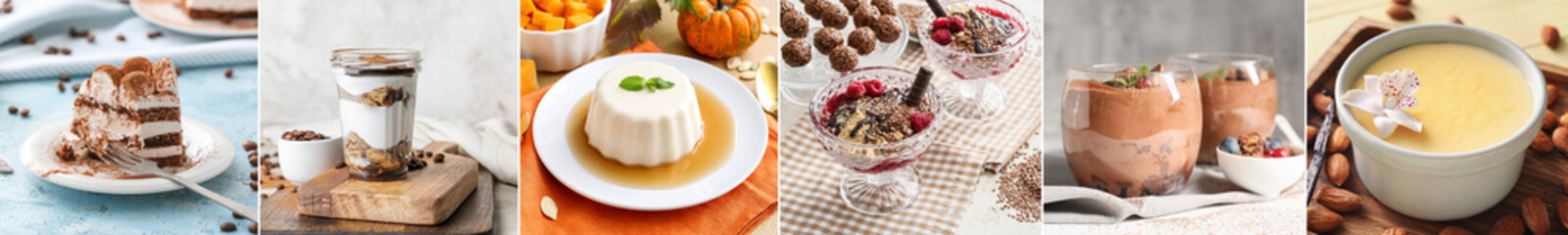 Group of yummy desserts on table