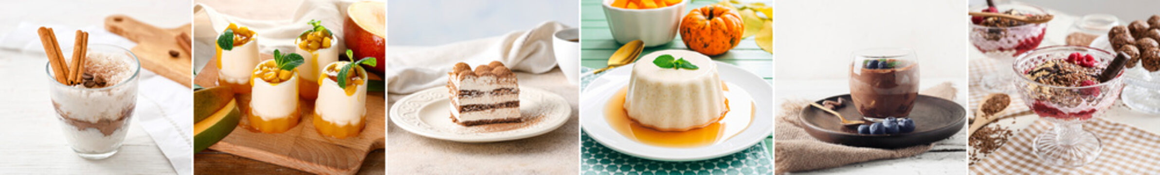 Group of different desserts on table
