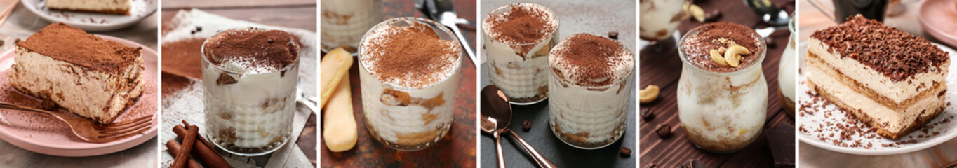 Collection of tasty tiramisu dessert on table